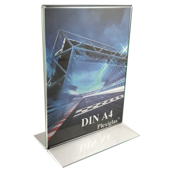 Plexiglas® Tischaufsteller T-Form DIN A4, Hochformat, großer Standfuß