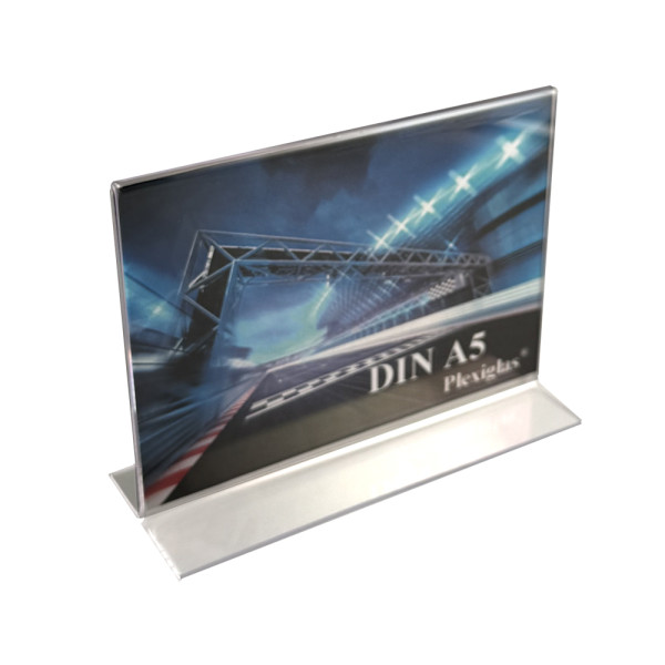 Plexiglas® Tischaufsteller T-Form DIN A5, Querformat, großer Standfuß