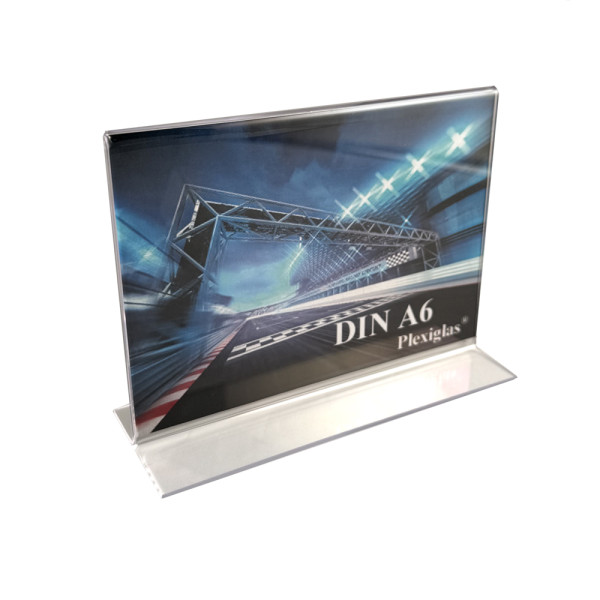 Plexiglas® Tischaufsteller T-Form DIN A6, Querformat, großer Standfuß