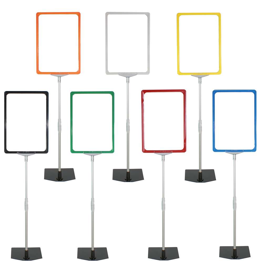 VP355= 4 Plakatständer DIN A5 Rahmen transparent Stahlfuß ALU Teleskop Plakat