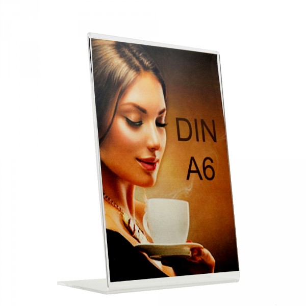 Tresenaufsteller DIN A6 Acryl L-Form geneigt Hochformat