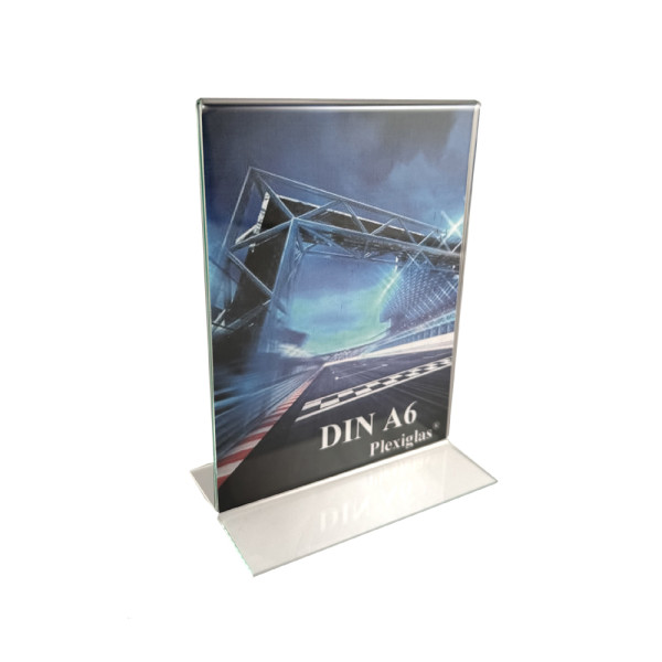 Plexiglas® Tischaufsteller T-Form DIN A6, Hochformat, großer Standfuß