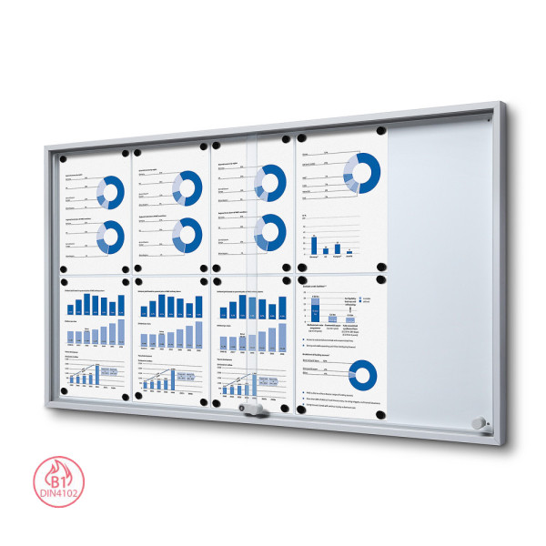 Vnitřní vitrína SCSLG, 10x DIN A4, stříbrná nebo antracitová, s posuvnými dvířky a zkosenými rohy